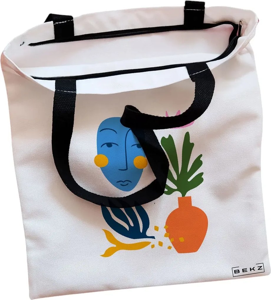 Sacosa de Panza pentru Cumparaturi, Geanta Tote, model Forms and Faces, Cu fermoar, 38x34.5 cm, Alba, BEKZ®