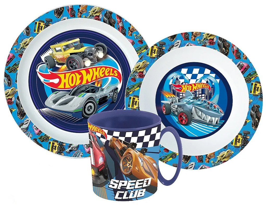 Hot Wheels Blue Fire set de masă, set din plastic micro cu cană de 350 ml