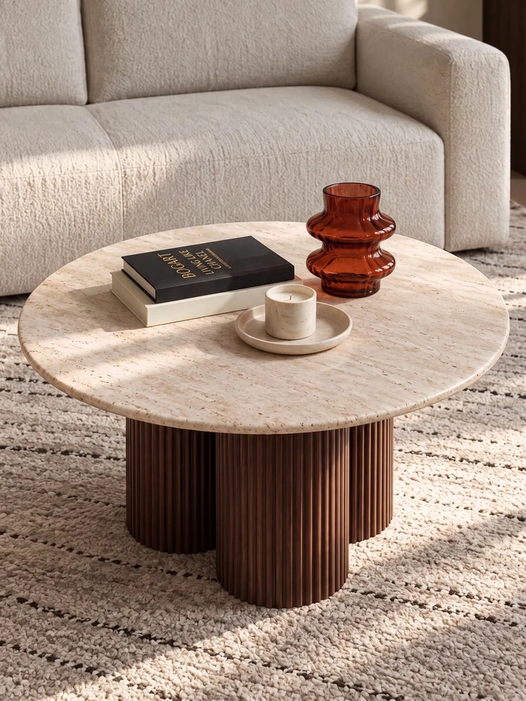 Măsuță de cafea rotundă Massia 80 cm pentru living - travertin / nuc