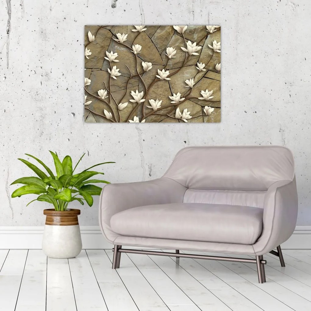 Tablou pe sticlă - Magnolii albe pe zidărie de piatră (70x50 cm)