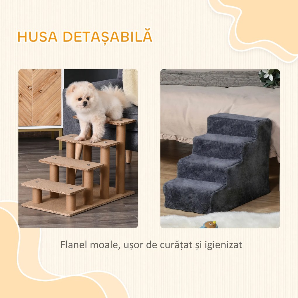 PawHut Scăriță pentru Câini Portabilă cu 4 Trepte, Scară pentru Animale Domestice, 60x35x44 cm, Gri Închis | Aosom Romania