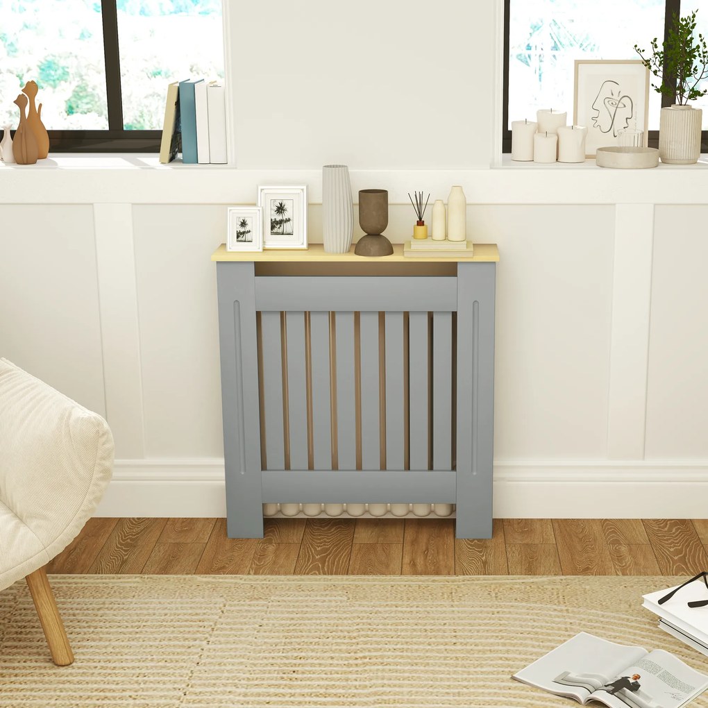 HOMCOM Cubier pentru Radiator din MDF pentru Living Dormitor Hol 78x19x83 cm Gri și Stejar | Aosom Romania