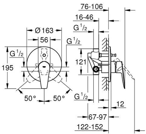 Baterie cada - dus incastrata Grohe BauEdge New crom monocomanda