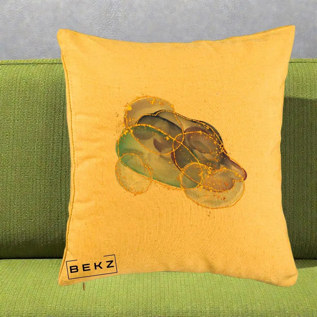 Perna Decorativa Abstract Acuarela Albastru-Mov cu Cercuri Aurii, 40x40 cm, Galben, Husa Detasabila, Perna Inclusa, BEKZ®
