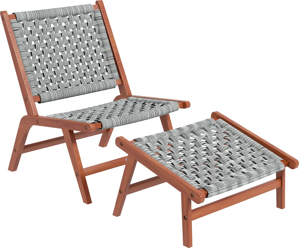 Outsunny Fotoliu de gradina cu suport pentru picioare - fotoliu de relaxare din lemn de acacia si rachita din polipropilena - natural, gri | Aosom Romania