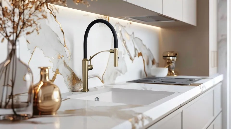 🚰 Baterie bucătărie CORDA, cu pipă flexibilă și 2 funcții, finisaj aur periat – Cod BRC_R72M