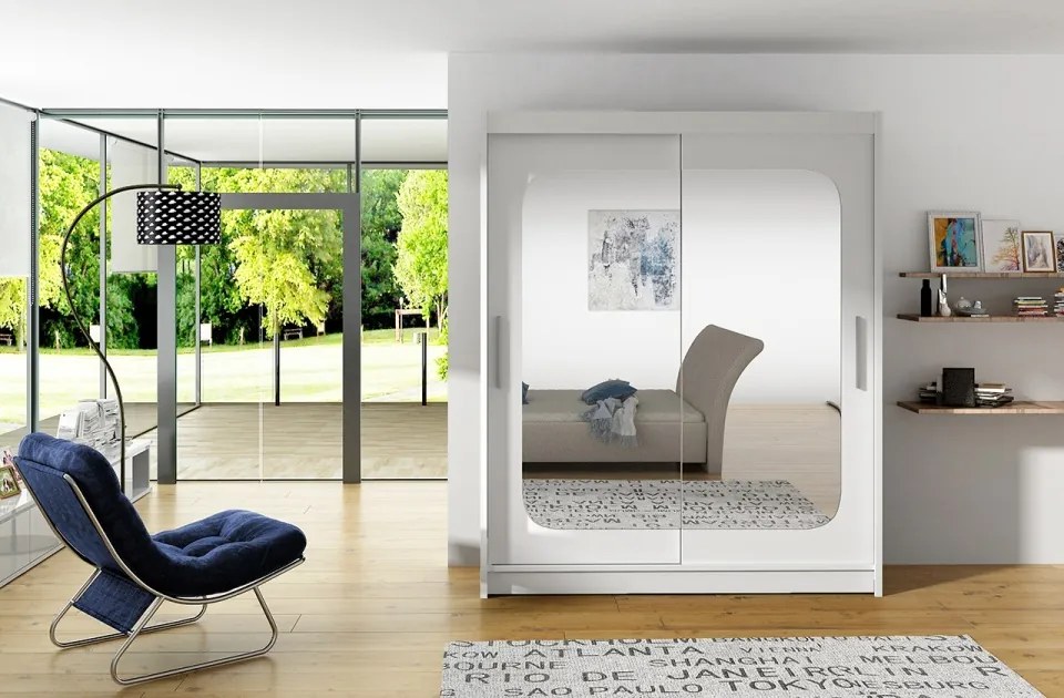 Dulap cu usi glisante si oglinda 150x200 cm, Clever, ADRK Furniture (Culoare: Alb)