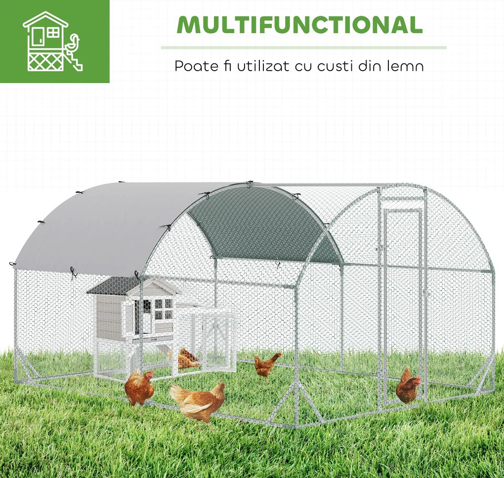 PawHut Coteț pentru Găini de Exterior, 2.8x3.8x2m Recintă din Oțel Zincat cu Acoperiș Impermeabil Anti-UV și Încuietoare, Găini, Iepuri și Rațe | Aosom Romania