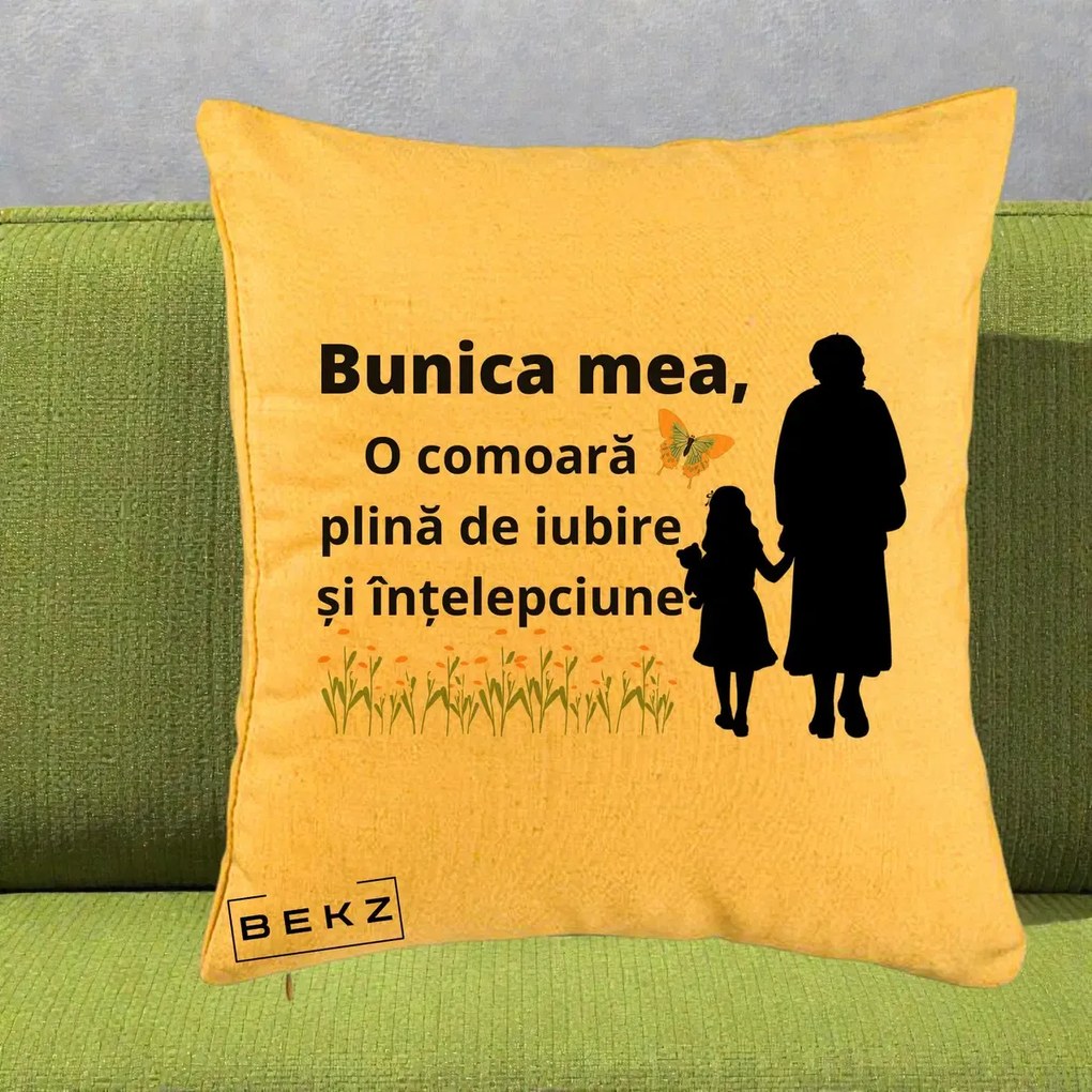 Cadou pentru Bunica - Perna Personalizata Bunica Mea Comoara Iubire Intelepciune Varianta Extinsa, 40x40 cm, Galben, Husa Detasabila, Perna Inclusa, BEKZ®
