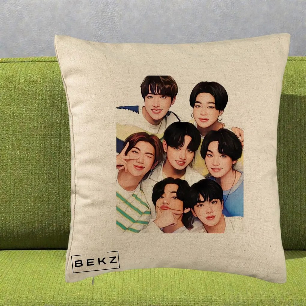 Perna Personalizata K-pop BTS Bangtan Boys Portret Grup Fanart, 40x40 cm, Bej, Husa Detasabila, Perna Inclusa, BEKZ®
