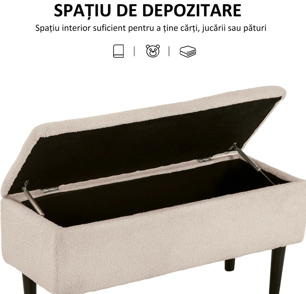 HOMCOM Scaun Modern cu Spațiu de Depozitare și Picioare din Lemn, Scaun Tapițat pentru Living sau Dormitor, 95x38x45 cm, Bej | Aosom Romania