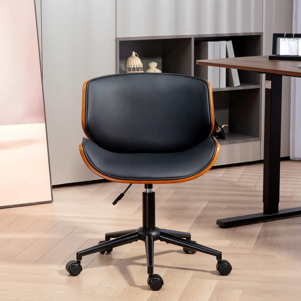 HOMCOM Scaun Homeoffice din piele ecologică reglabil pe înălțime scaun rotativ până la 135 kg 52 x 54 x 74-84 cm Negru+Maro nucă | Aosom Romania