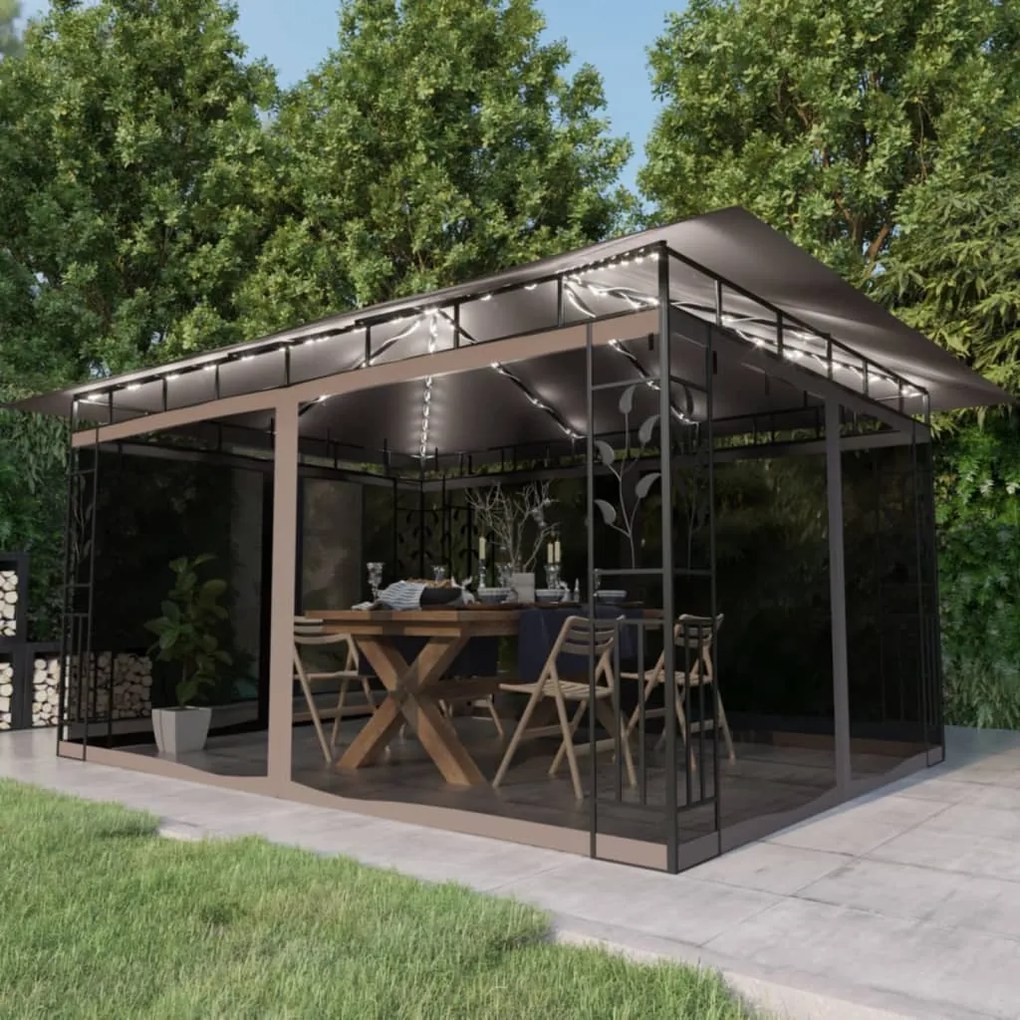 vidaXL Pavilion cu plasă anti-țânțari&amp;lumini LED,gri taupe, 4x3x2,73 m