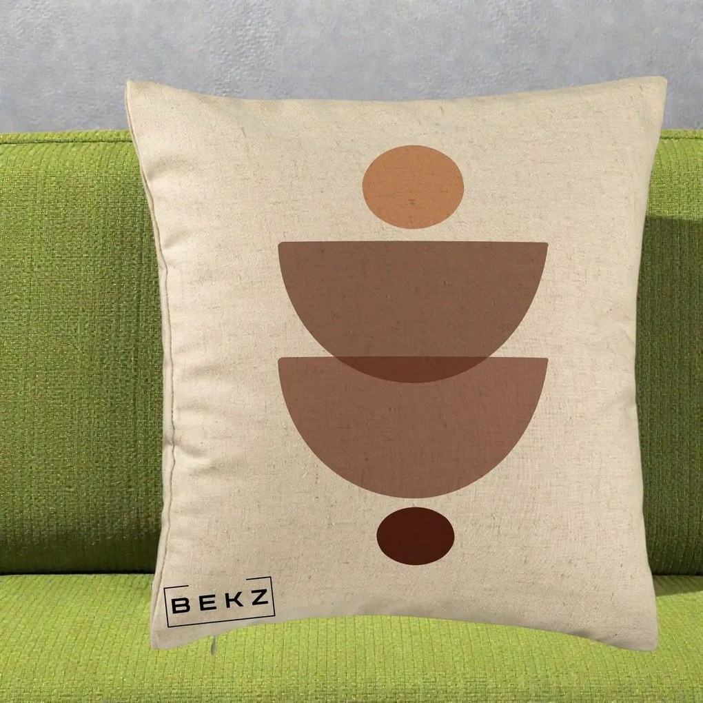 Perna Decorativa Geometric Boho Semicercuri Brun, 40x40 cm, Bej, Husa Detasabila, Perna Inclusa, BEKZ®
