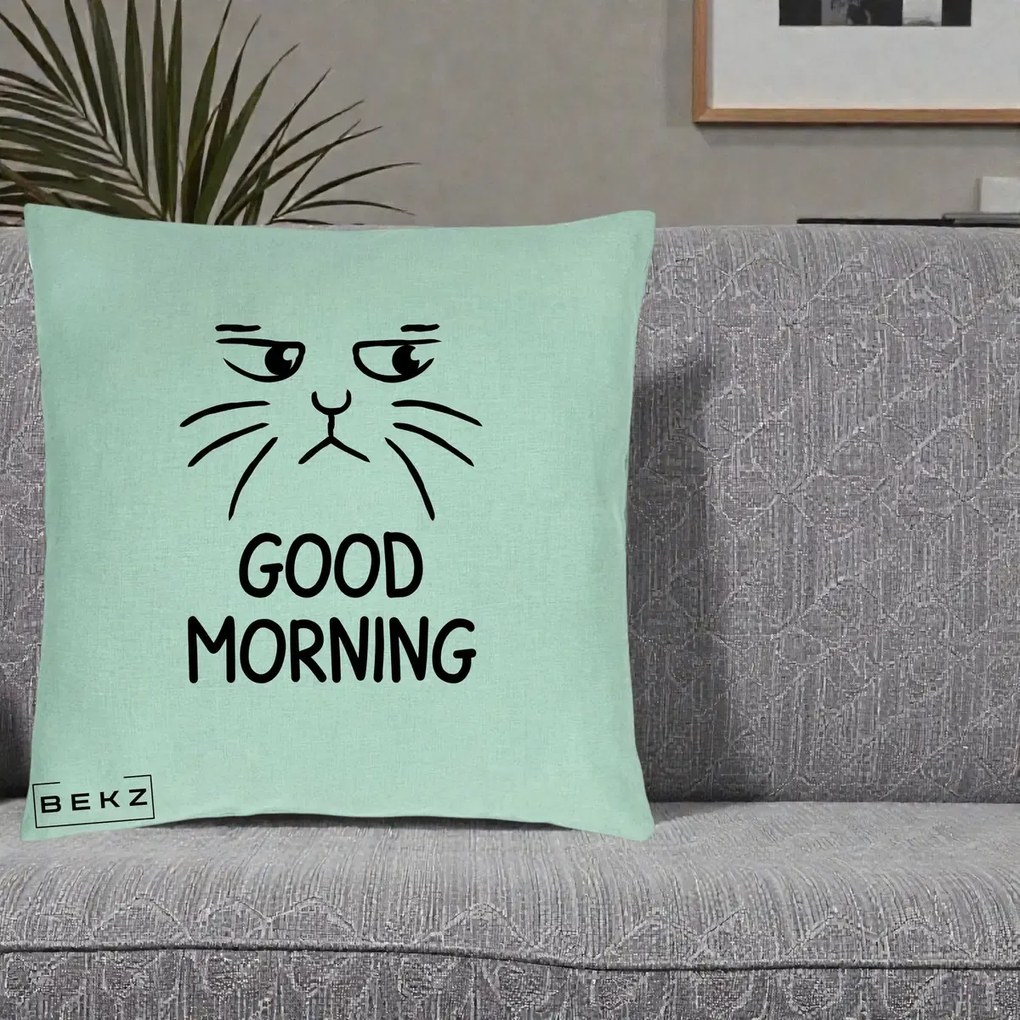 Perna Decorativa Pisica Morocanoasa Good Morning, 40x40 cm, Verde Menta, Husa Detasabila, Perna Inclusa, BEKZ®