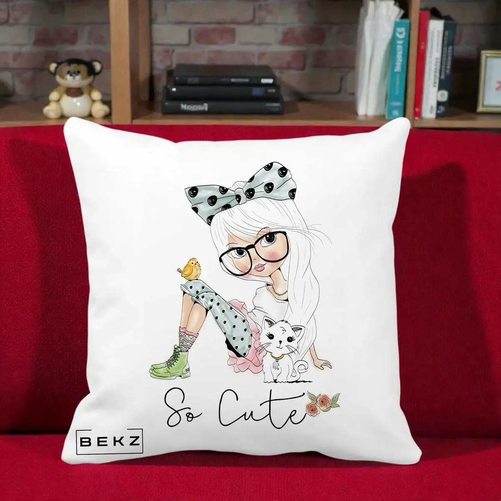 Perna Decorativa So Cute Fata Fashion, 40x40 cm, Alba Mata, Husa Detasabila, Perna Inclusa, BEKZ®