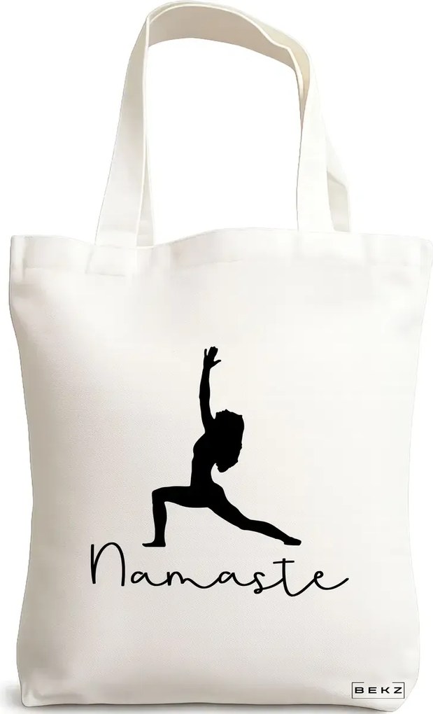 Sacosa de Panza pentru Cumparaturi, Geanta Tote Yoga Namaste, 38x34.5 cm, Alba, BEKZ®