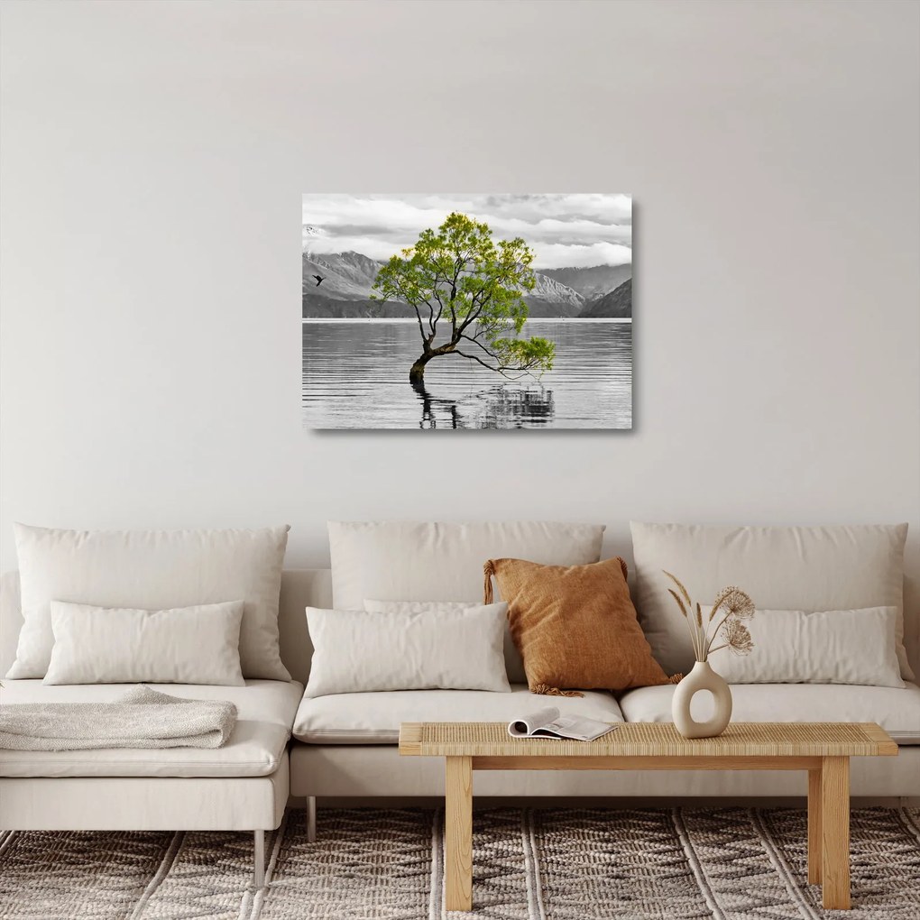 Tablou pe sticlă copacului în mijlocul lacului (70x50 cm)