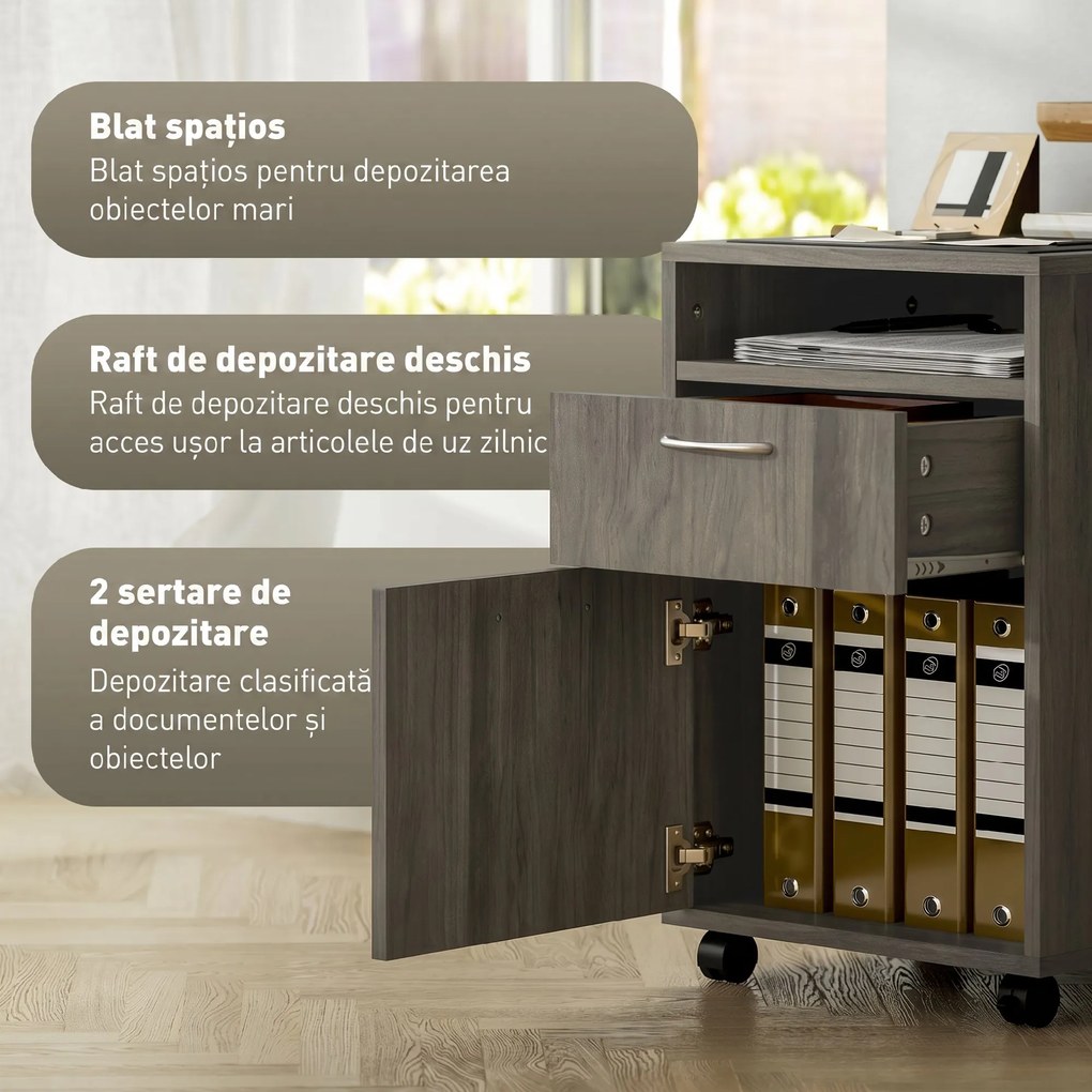 HOMCOM Dulap de Birou cu 4 Roți, Raft Deschis și 2 Sertare, Mobilier de Birou din Lemn și Metal, 40x35x60 cm, Maro | Aosom Romania