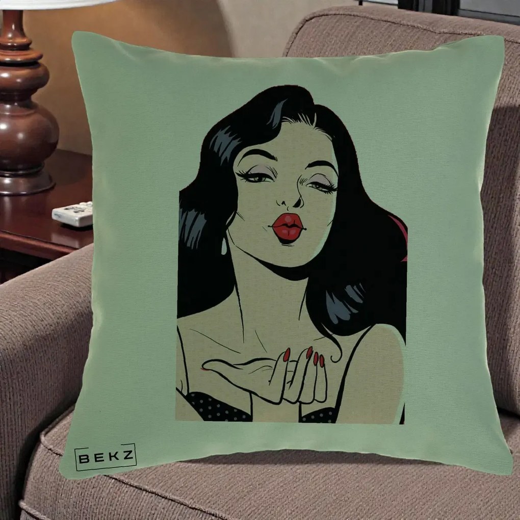 Perna Decorativa Femeie Pop-Art Kiss, 40x40 cm, Verde, Husa Detasabila, Perna Inclusa, BEKZ®