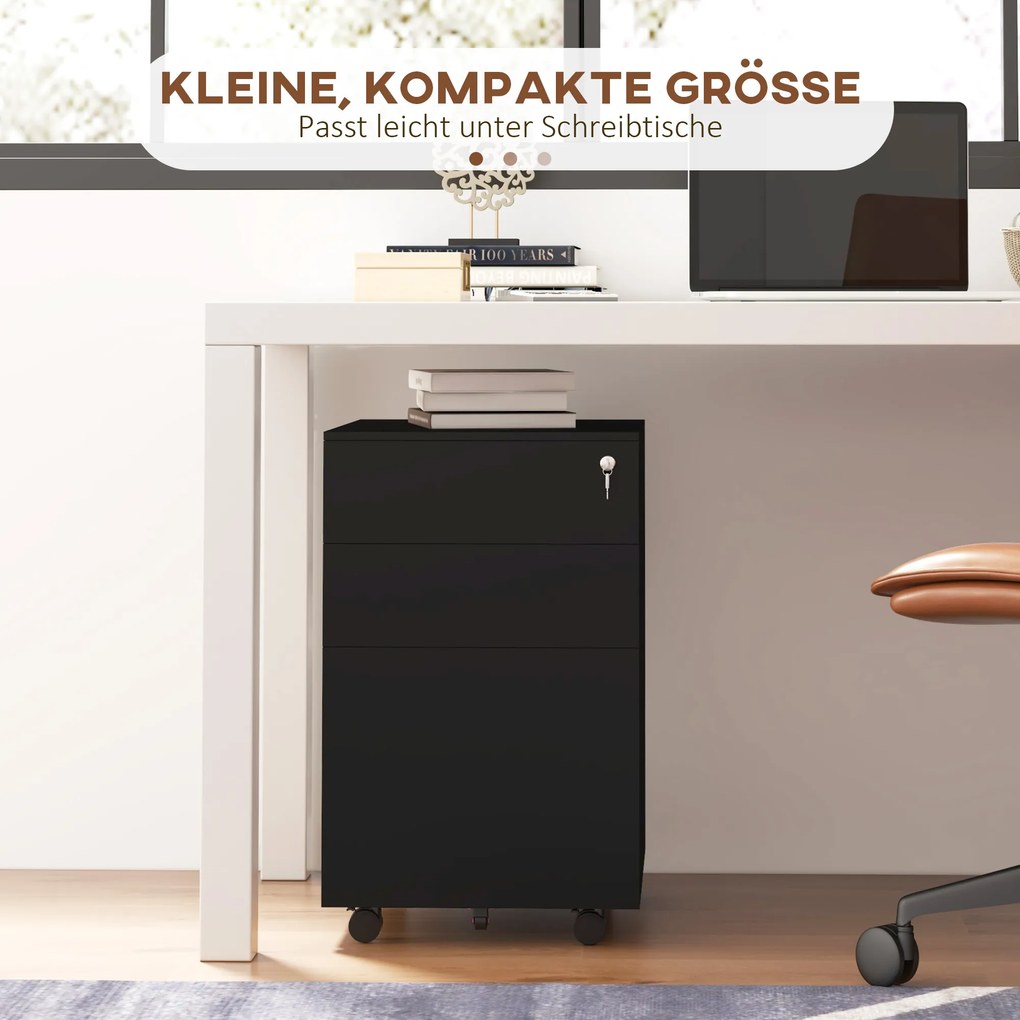Vinsetto Container cu role și sertare, Negru, 3 sertare, blocabil, mobil, 37 cm x 43,5 cm x 60 cm | Aosom Romania