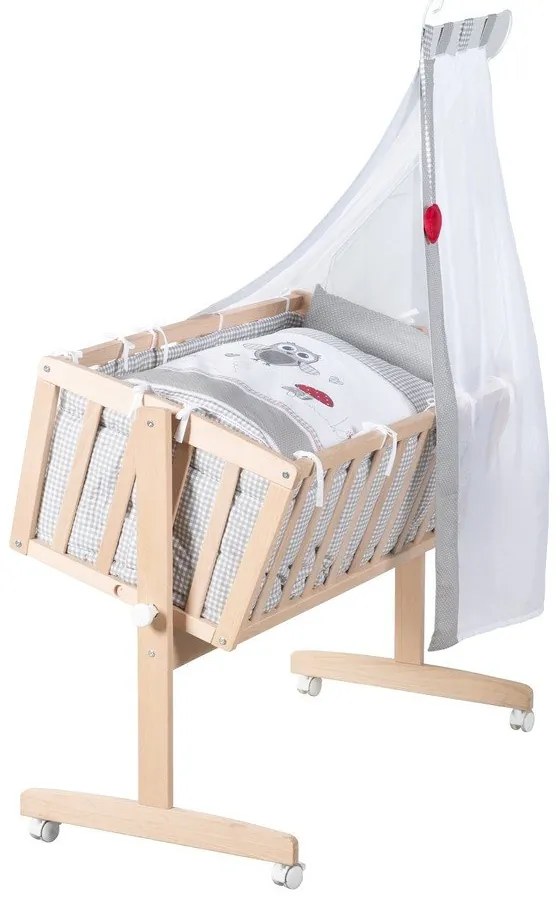 Pătuț leagăn în culoare naturală din lemn de fag cu roți/cu baldachin 40x90 cm Adam and Owl – Roba