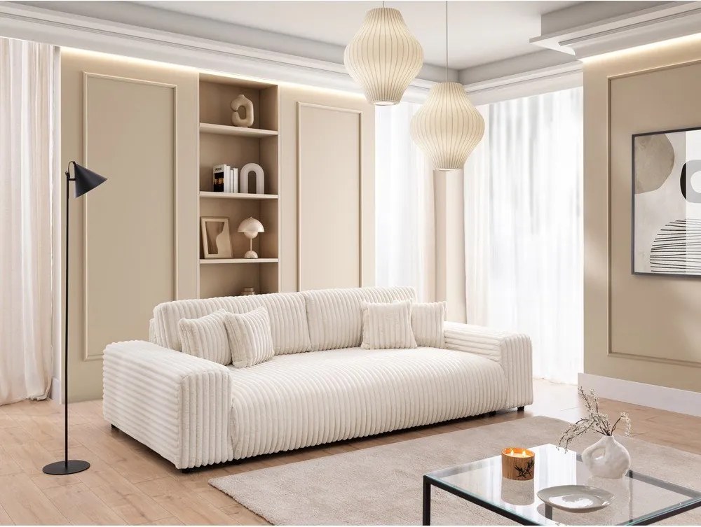 Canapea crem extensibilă/cu spațiu de depozitare cu tapițerie din catifea reiată 260 cm Justin – Ropez