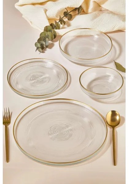 Set veselă 24 piese, din sticlă transparentă cu accente aurii