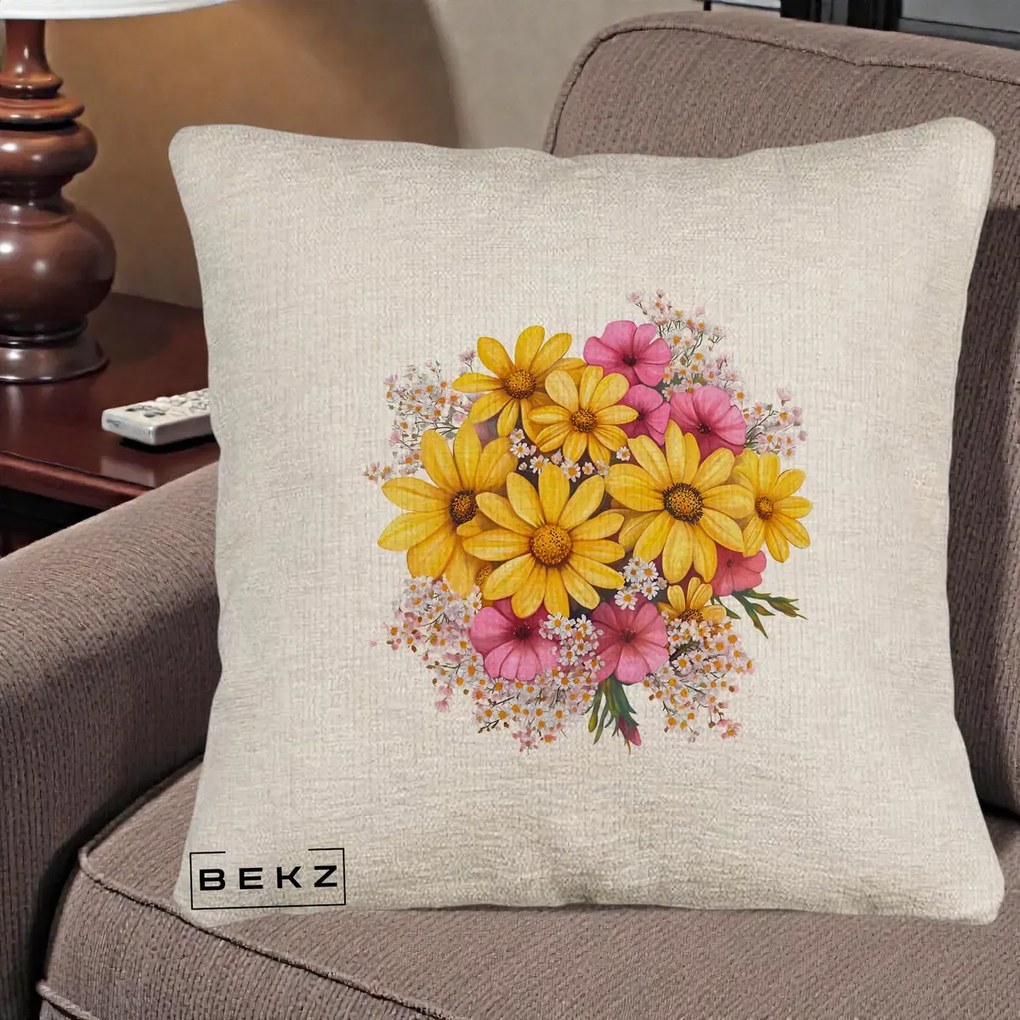 Perna Decorativa Floarea-Soarelui cu Cosmos Roz si Gypsophila, 40x40 cm, Bej Canapea, Husa Detasabila, Perna Inclusa, BEKZ®