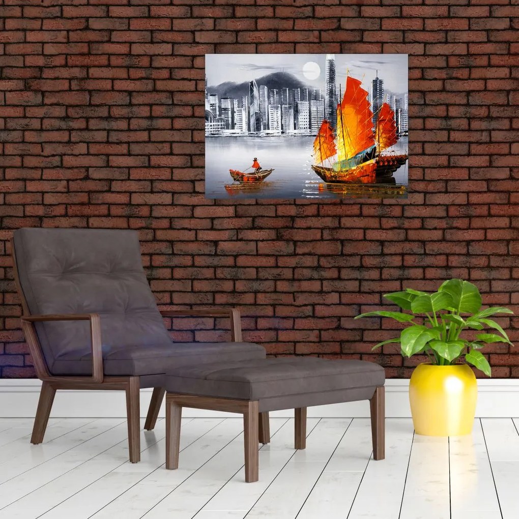 Tablou - Victoria Harbour, Hong Kong, pictură în ulei alb- negru (70x50 cm)