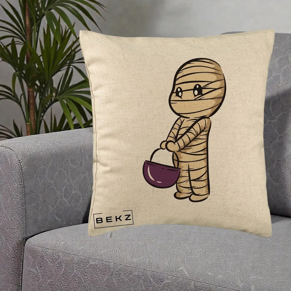 Perna Decorativa Halloween Mummy Kawaii cu Cos, 40x40 cm, Bej, Husa Detasabila, Perna Inclusa, BEKZ®