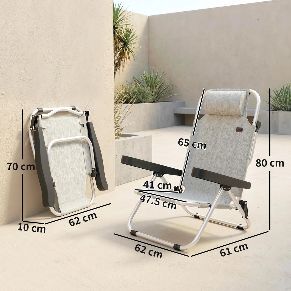 Set Outsunny 2 Șezlonguri Pliabile și Reclinabile pe 4 Poziții cu Suport pentru Cap, din Aluminiu, 62x61x80 cm, Gri | Aosom Romania
