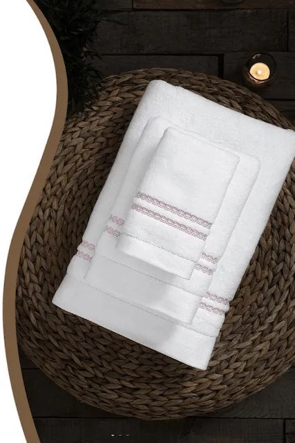 Set cadou prosoape și prosop de corp CHAINE, 3 buc Alb – Broderie roz