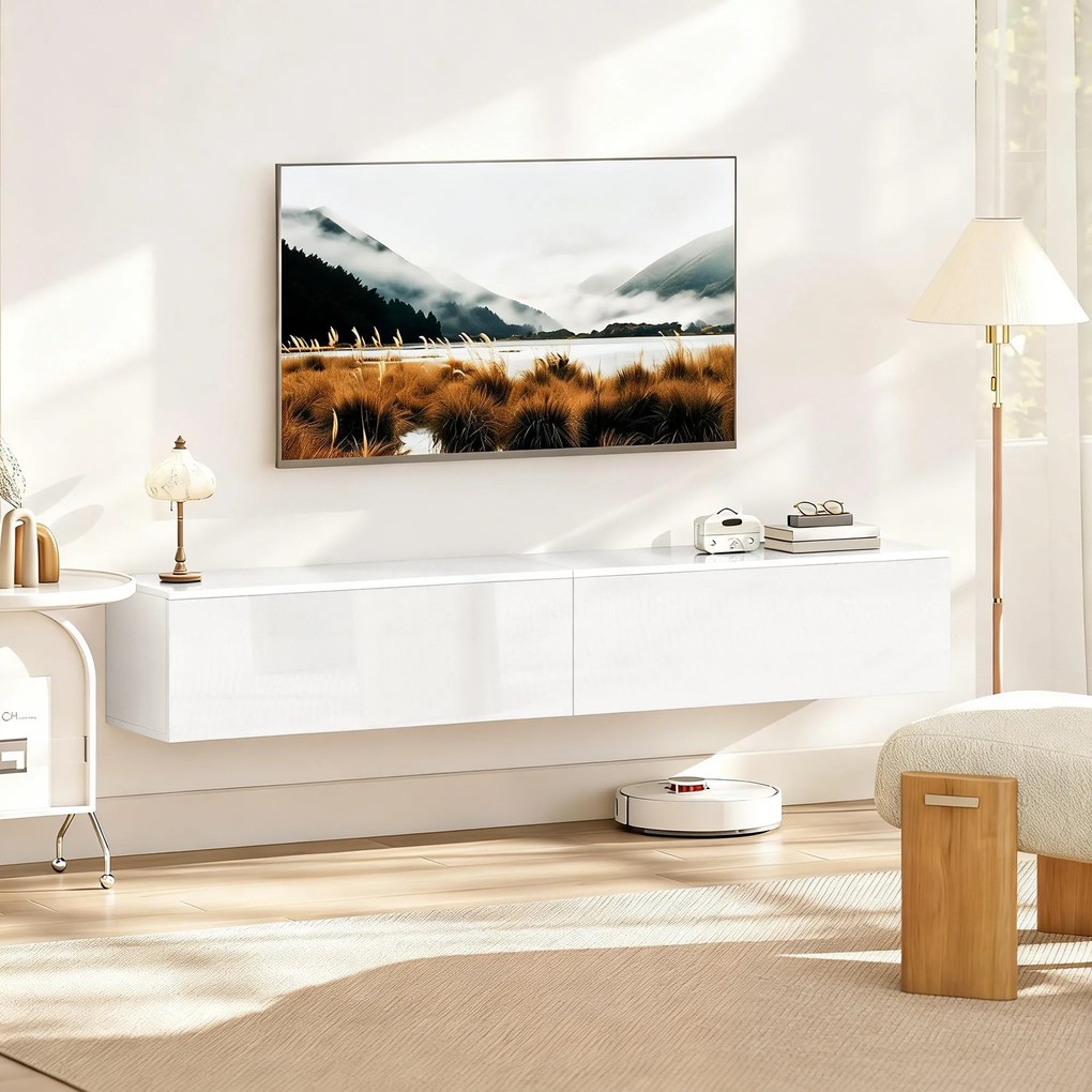 HOMCOM Dulap TV Suspendat 180 cm pentru TV până la 75 Inch, Dulap Modern pentru Living cu Uși cu Deschidere prin Apăsare și Orificii pentru Cabluri, Consolă Multimedia Montată pe Perete, Alb Lucios | Aosom Romania