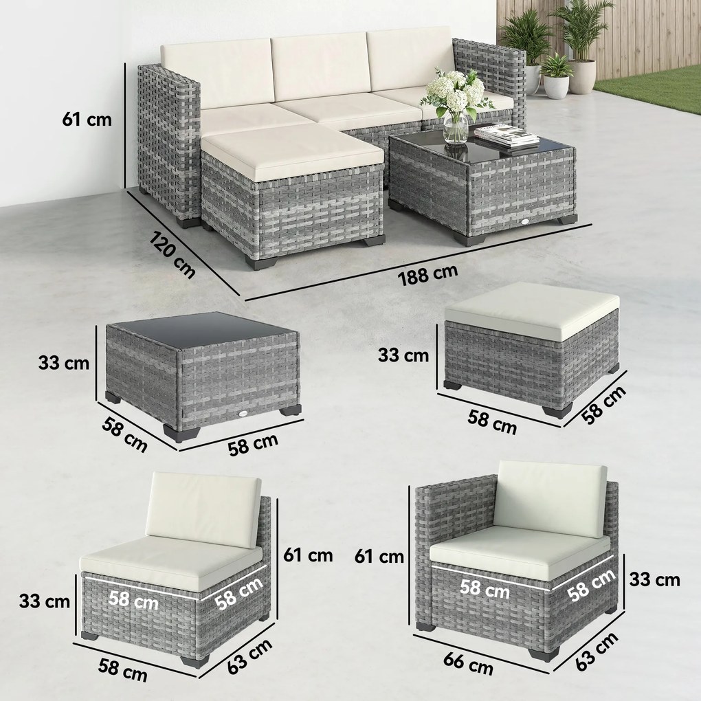 Outsunny Set mobilier grădină Polyrattan 5 piese, set lounge cu colțar, taburet, masă și perne pentru șezut și spate Gri+Cremeweiß | Aosom Romania