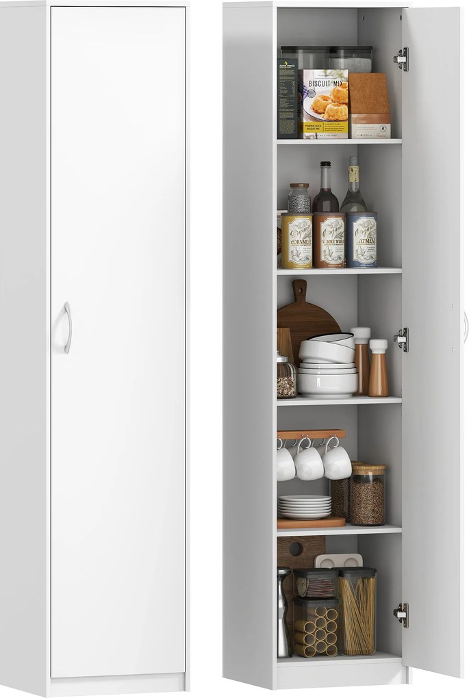 HOMCOM Dulap de bucătărie slim cu 5 rafturi și spațiu intern reglabil, din lemn, 40x35x180 cm, alb | Aosom Romania