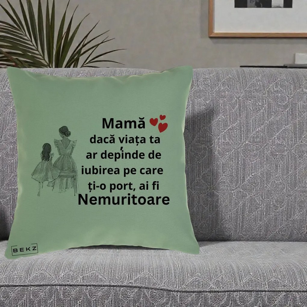 Cadou pentru Mama - Perna Personalizata Mama Nemuritoare Line Art, 40x40 cm, Verde, Husa Detasabila, Perna Inclusa, BEKZ®