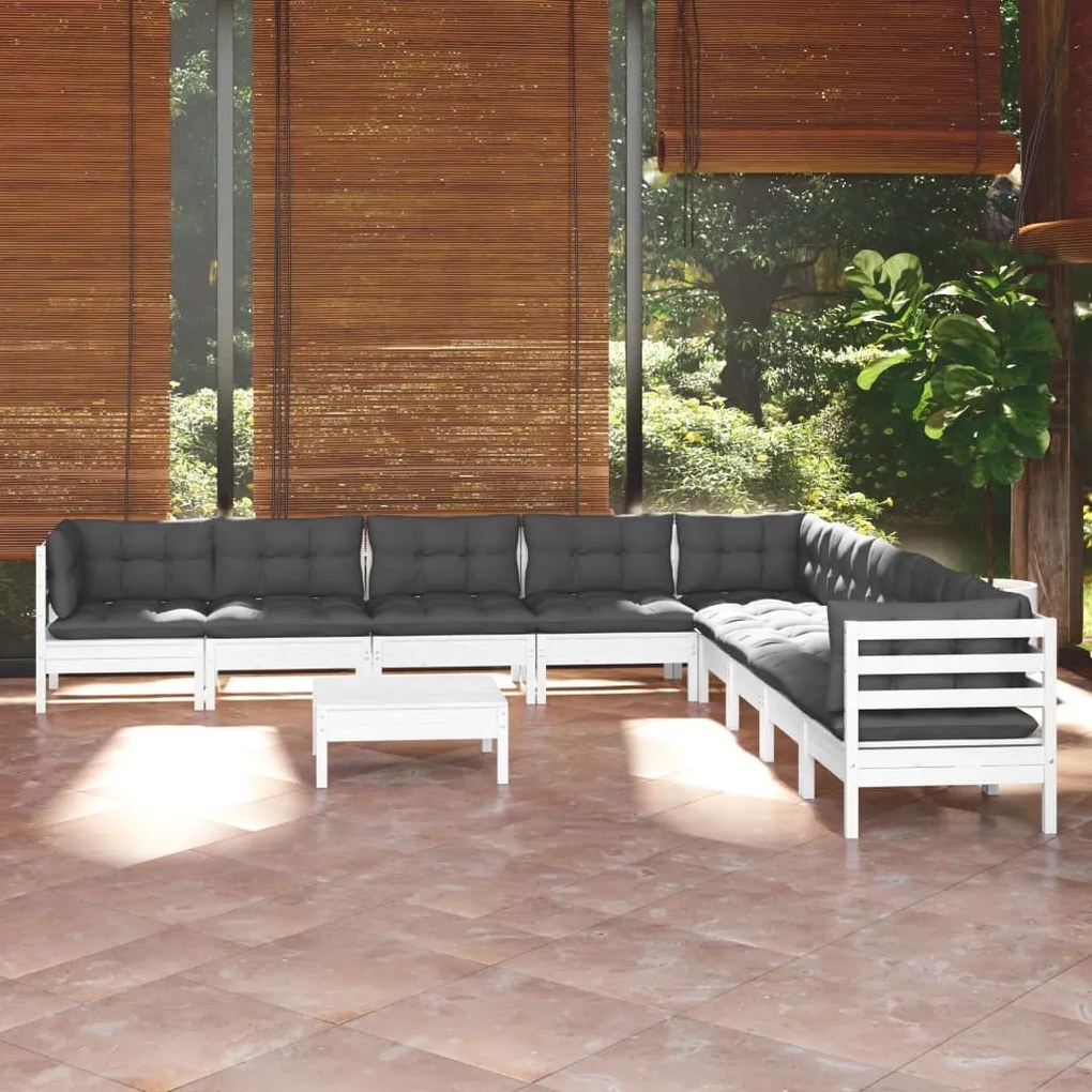 vidaXL Set mobilier grădină cu perne, 10 piese, alb, lemn masiv pin