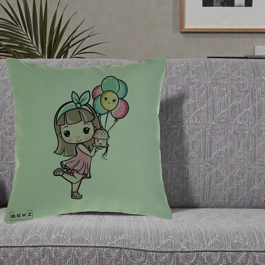 Perna Decorativa Fetita Kawaii cu Baloane si Cupcake, 40x40 cm, Verde, Husa Detasabila, Perna Inclusa, BEKZ®