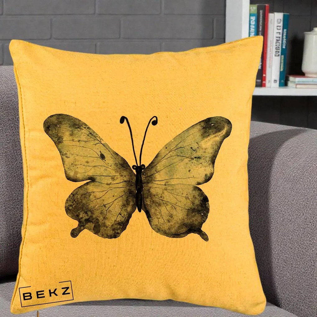Perna Decorativa Fluture Acuarela Albastru-Gri, 40x40 cm, Galben, Husa Detasabila, Perna Inclusa, BEKZ®