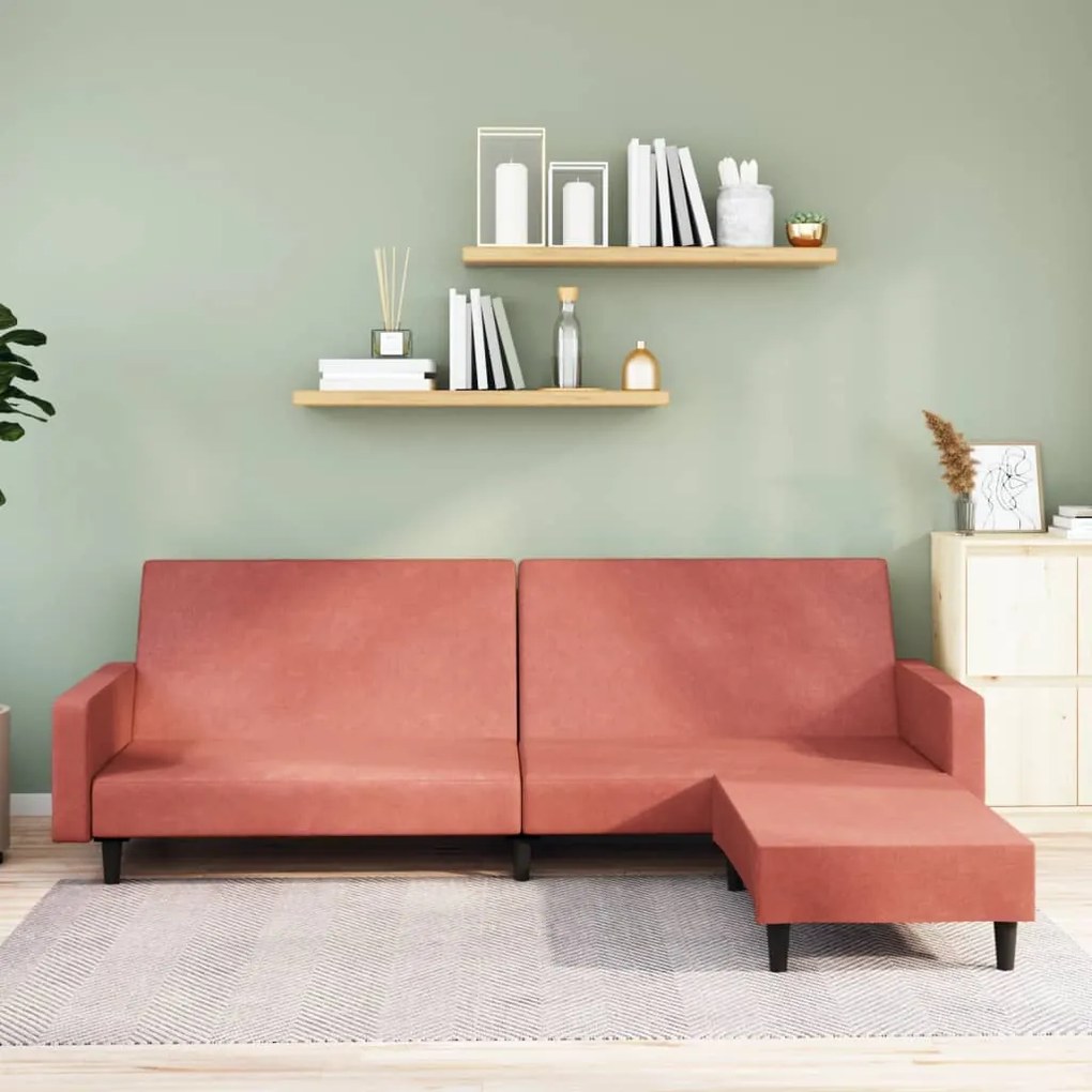 3080505 vidaXL Canapea extensibilă cu taburet, 2 locuri, roz, catifea