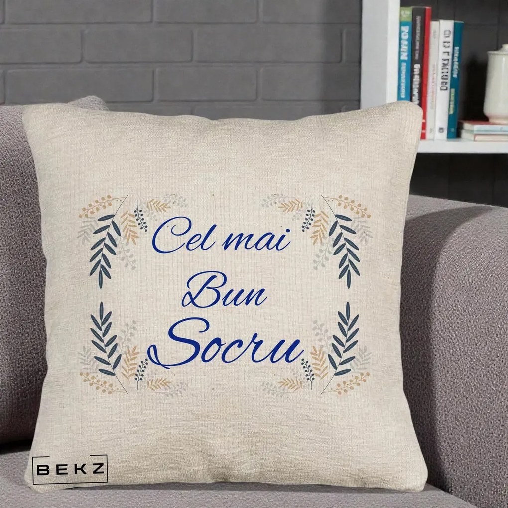 Cadou pentru Socru - Perna Personalizata Cel mai Bun Socru cu Ramuri Frunze Albastre si Aurii, 40x40 cm, Bej Canapea, Husa Detasabila, Perna Inclusa, BEKZ®