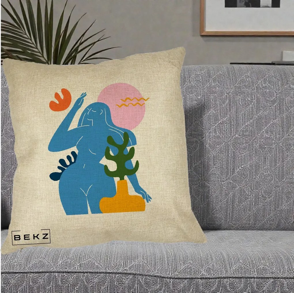 Perna Decorativa Femeie Albastra Cactus, 40x40 cm, Crem, Husa Detasabila, Perna Inclusa, BEKZ®