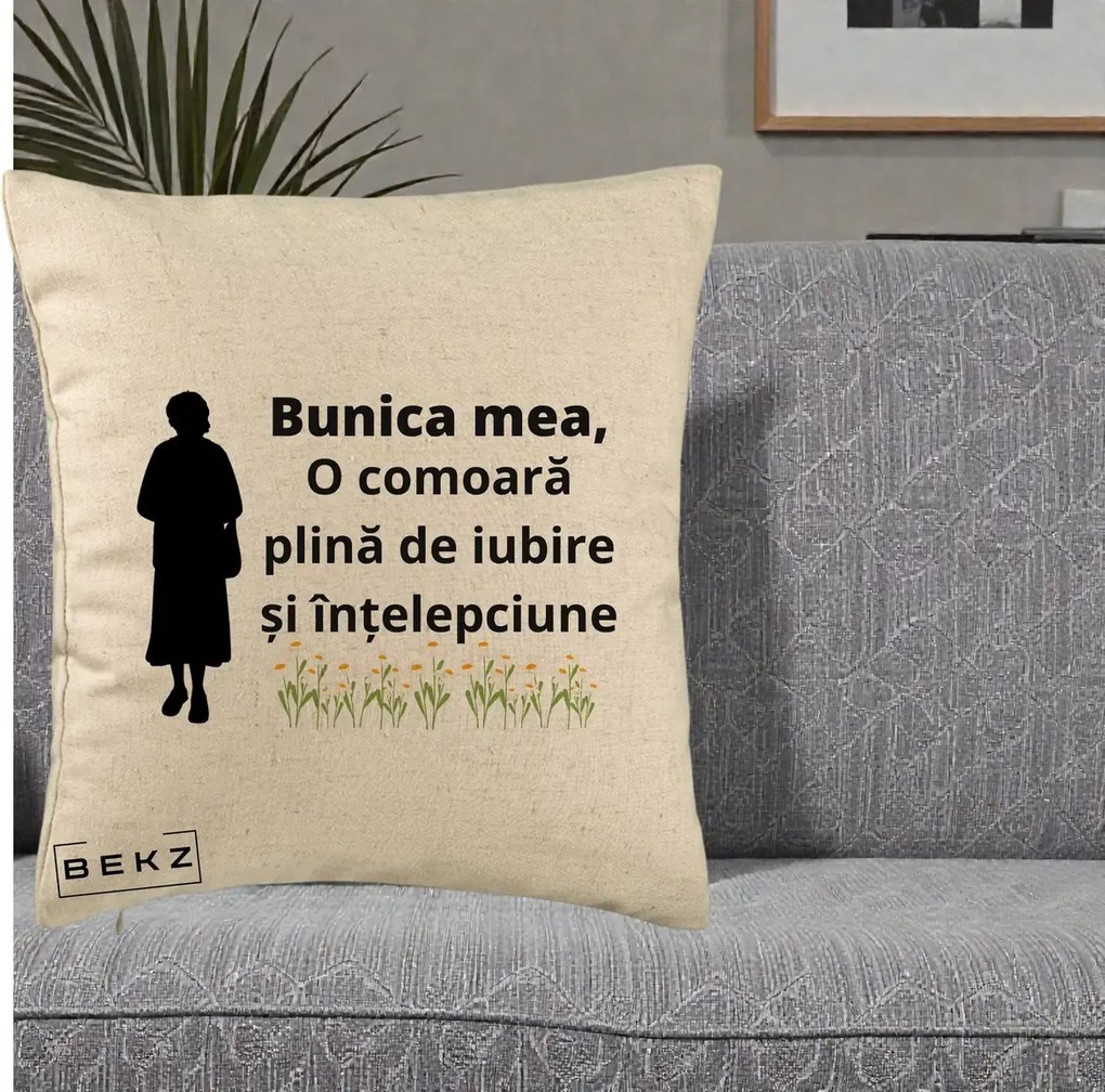 Cadou pentru Bunica - Perna Personalizata Bunica Mea Comoara Iubire Intelepciune Silueta cu Nepoata, 40x40 cm, Bej, Husa Detasabila, Perna Inclusa, BEKZ®