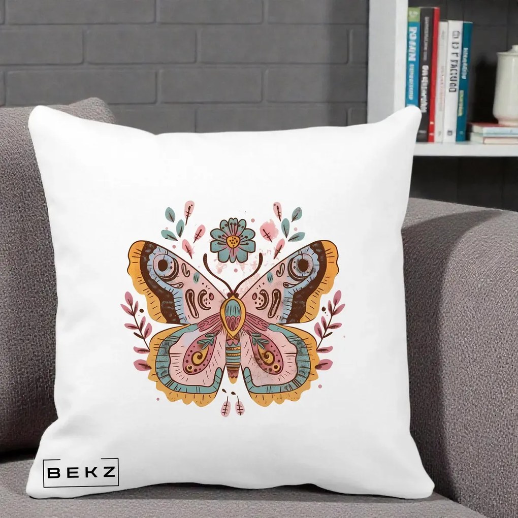 Perna Decorativa Fluture Boho Floral, 40x40 cm, Alba Mata, Husa Detasabila, Perna Inclusa, BEKZ®