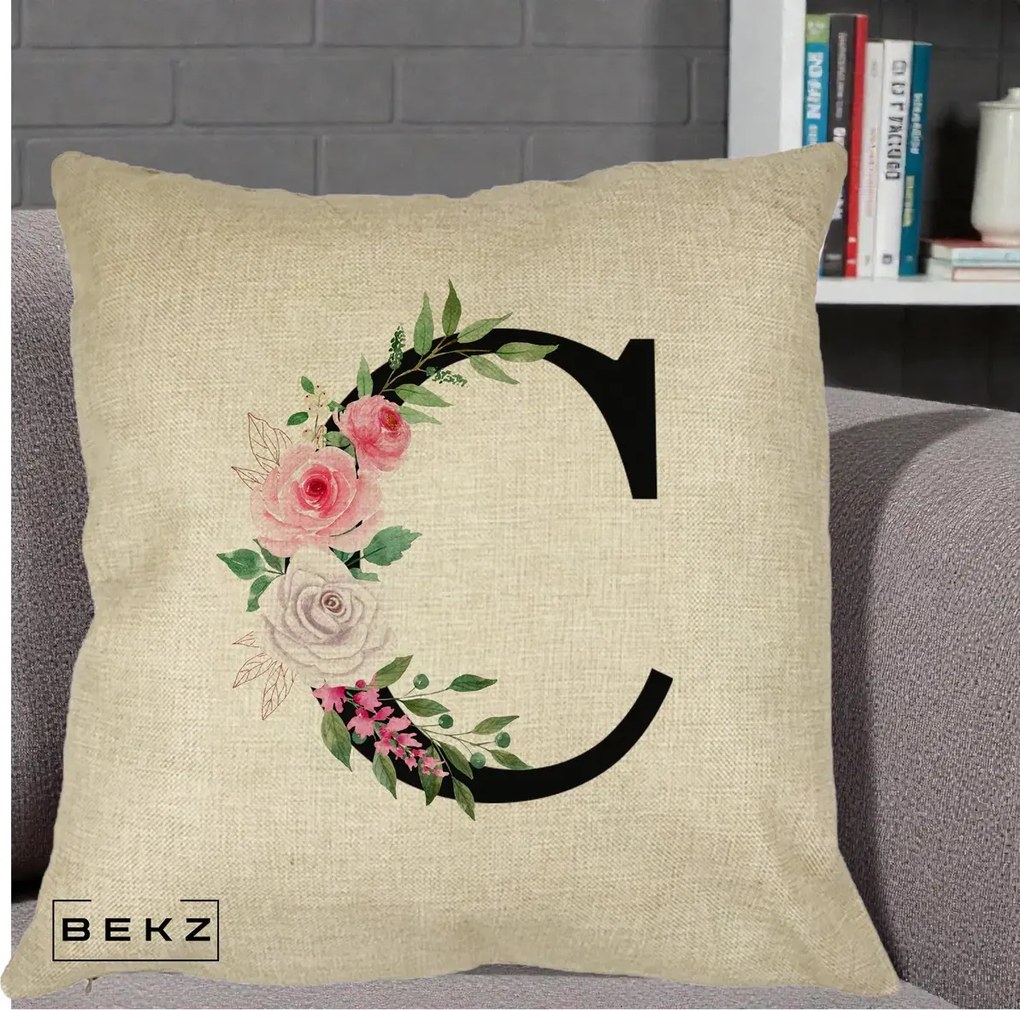Cadou Personalizat - Perna Personalizata Monograma Florala Litera C, 40x40 cm, Crem, Husa Detasabila, Perna Inclusa, BEKZ®