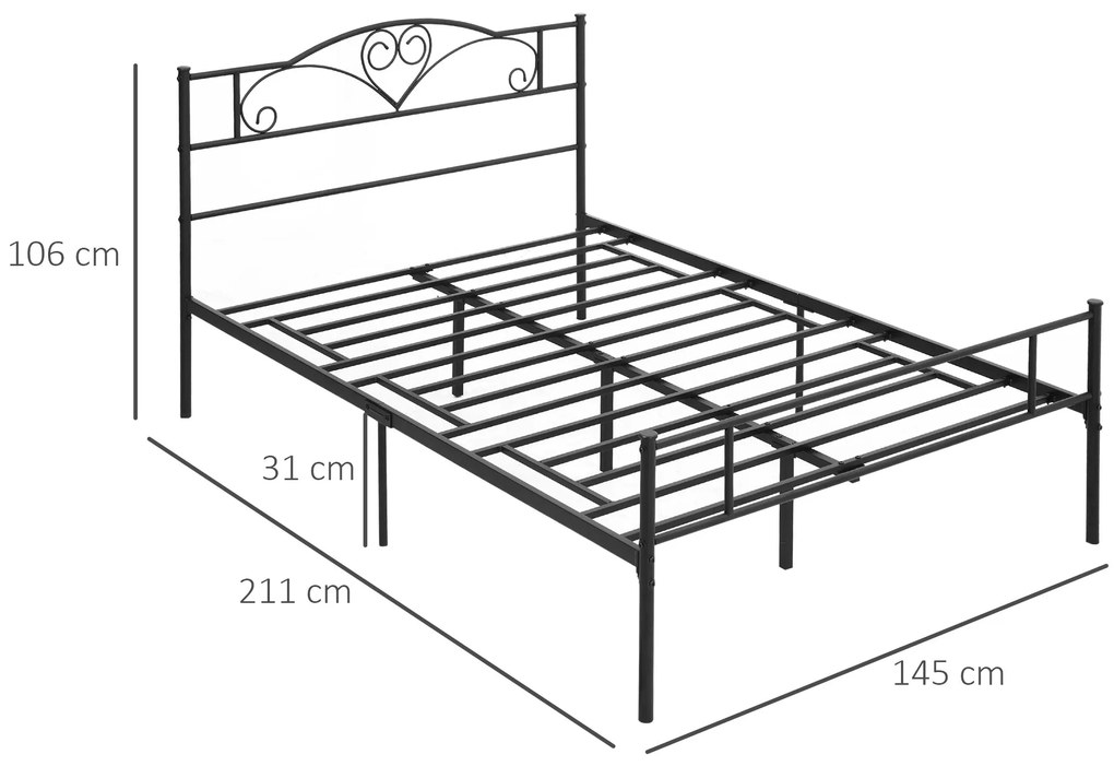 HOMCOM Cadru Pat de o Persoana, mai mare din Otel 140x200cm, Sipci Integrate si Tablie cap, Spatiu Inferior pentru Cutii, Negru | Aosom Romania