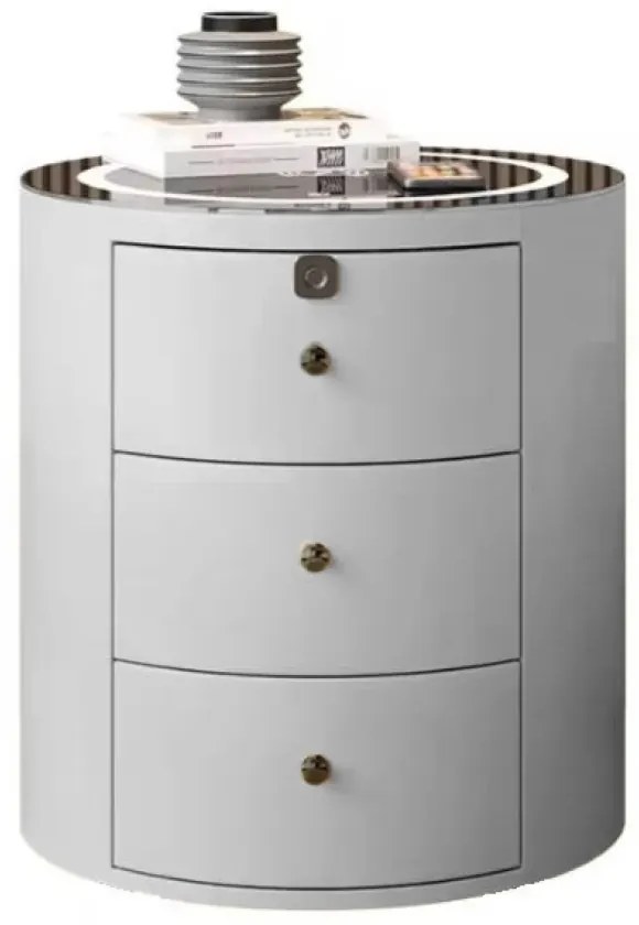 Noptieră inteligentă multifuncțională rotundă, 3 sertare, iluminare LED-uri Touch, blocare amprentă, încărcare fără fir, sticlă securizată, Gri
