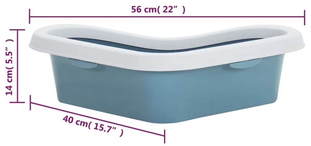 Litiera de colt pentru pisici, alb si albastru, 56x40x14 cm, PP
