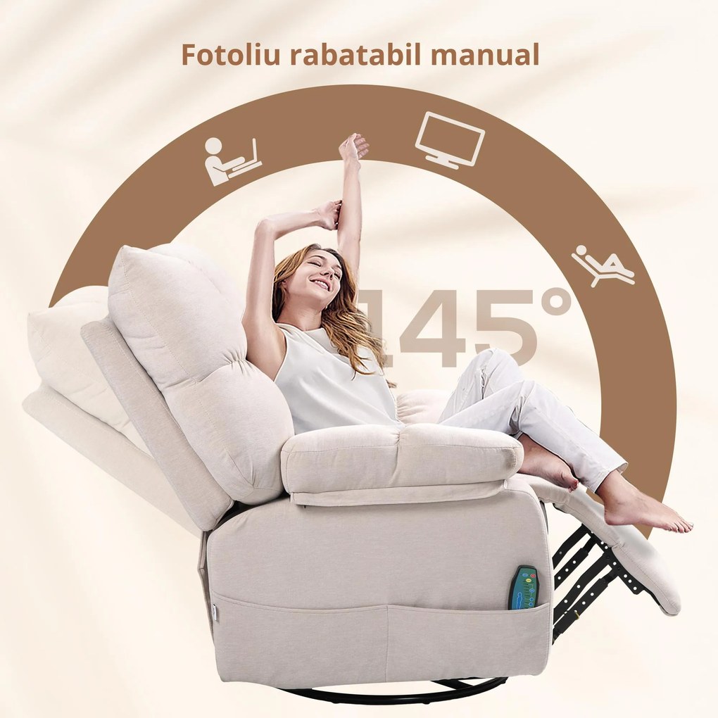HOMCOM Fotoliu Reclinabil 145° cu Masaj și Încălzire cu 5 Programe și 8 Puncte Vibrante, Buzunare de Depozitare, Bej | Aosom Romania